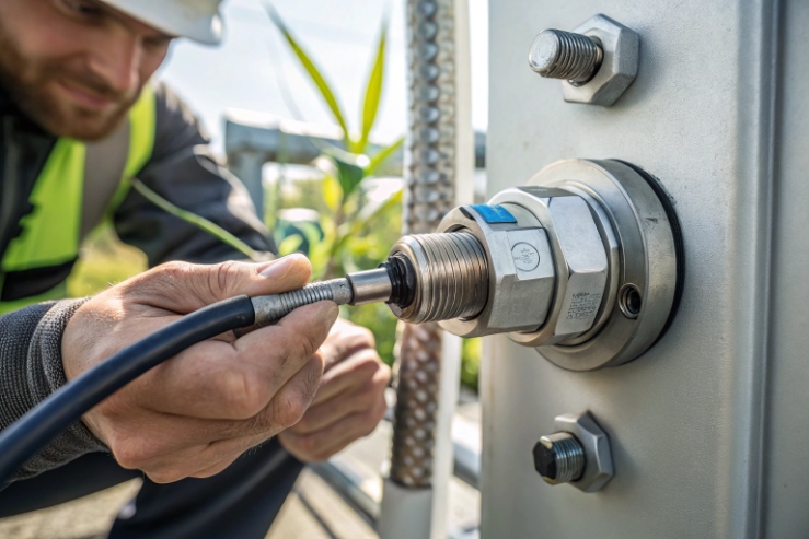 Technician installs Ex-certified cable gland for sealed wiring entry on hazardous area enclosure.