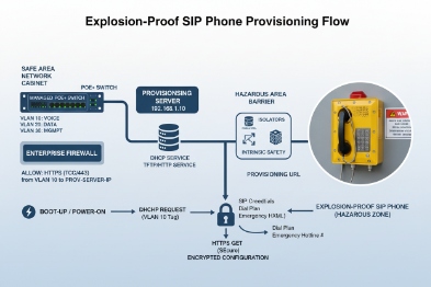 Diagram of explosion-proof SIP phone provisioning with DHCP, firewall, isolator, and HTTPS server