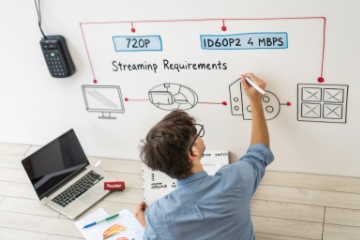 Engineer sketching SIP video streaming requirements 720p and 1080p bandwidth on whiteboard