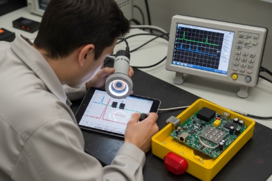 Engineer inspects EX SIP phone mainboard with microscope and oscilloscope in lab