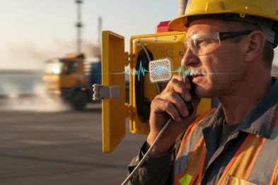 Port worker uses emergency intercom handset for safety communication on quay