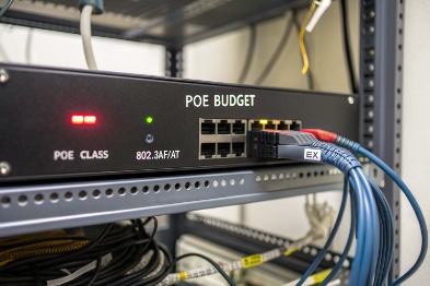PoE switch shows budget and 802.3af/at ports powering EX SIP devices