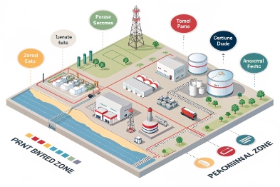 Industrial plant security zone map showing perimeter fencing, sensors, and site monitoring layout