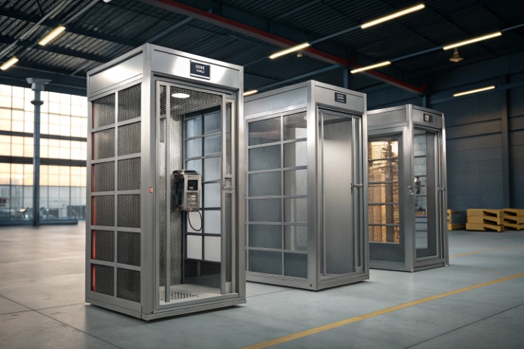 Industrial telephone booths providing protected communication points in factory warehouse area.