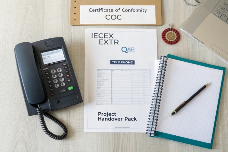 IECEx project handover pack with certificate of conformity and explosion-proof telephone documents.