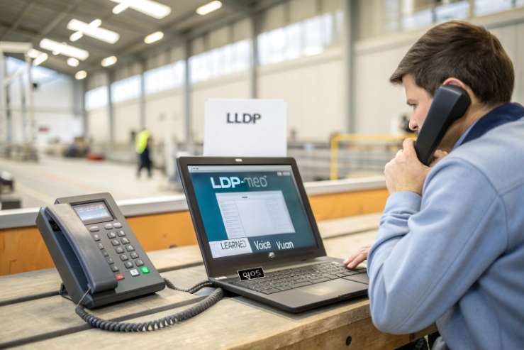 Technician making VoIP call beside laptop showing LLDP LDP-med settings on factory floor