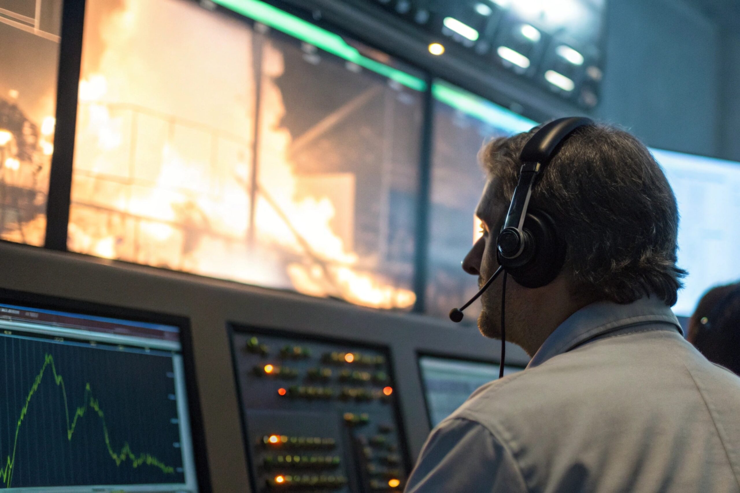 Control room operator monitors plant fire incident with headset and emergency response consoles