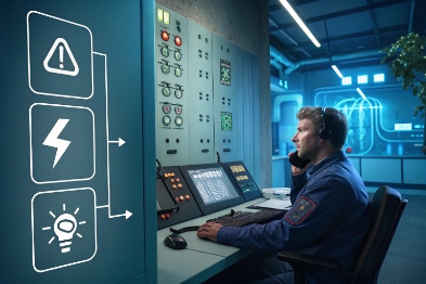 Control room operator handles alarms via headset and VoIP phone on monitoring console
