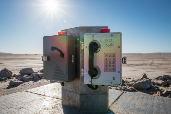 Outdoor SIP emergency phone installed in desert landscape under strong sunlight