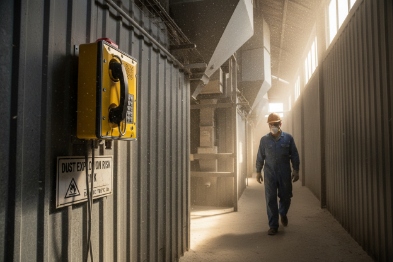 Wall mounted yellow explosion-proof SIP phone on industrial passageway for emergency calls
