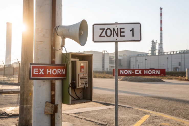Field photo of a Zone 1 area showing an installed EX horn near an enclosure, with “EX HORN” and “NON-EX HORN” callouts