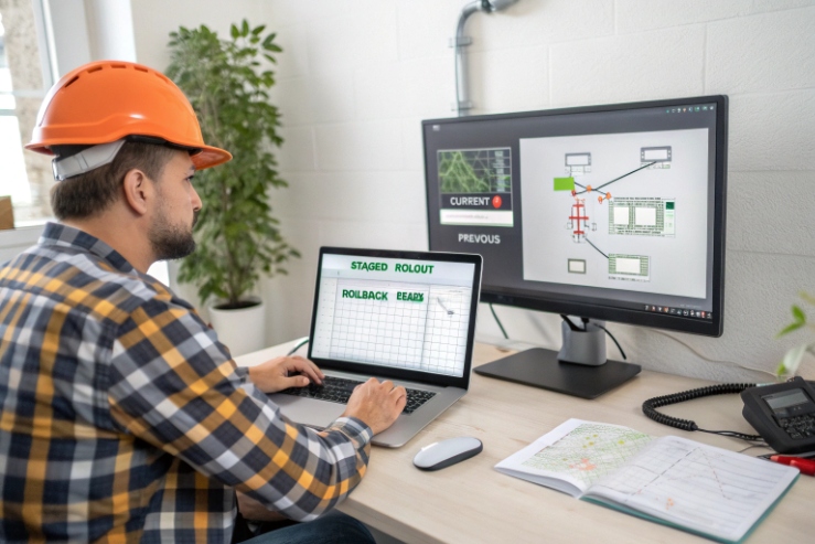 Engineer at a desk reviewing a staged rollout and rollback plan while monitoring a network topology/flow diagram on a large display