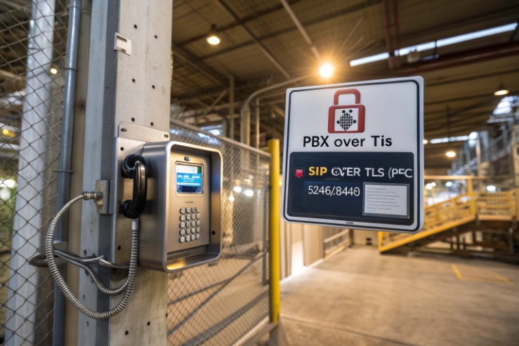 Secure SIP intercom phone with keypad supporting PBX over TLS in industrial facility.