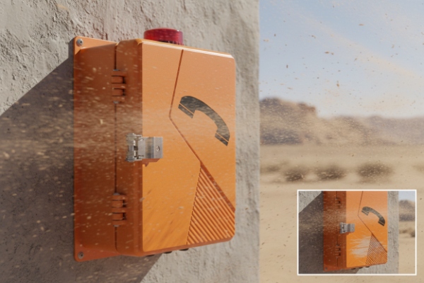 Outdoor orange SIP intercom enclosure on wall in sandstorm, dust protection demo