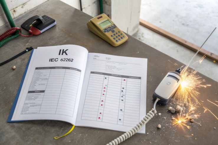 IEC 62262 IK test report with handset impact test and sparks on workbench