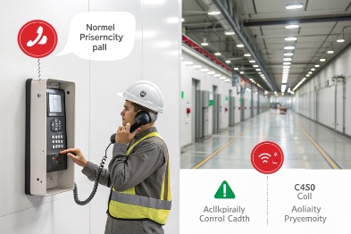Factory worker uses wall-mounted industrial intercom phone for normal calls and alarms