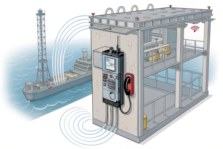 Illustration of offshore shelter with industrial intercom phone for ship communications.