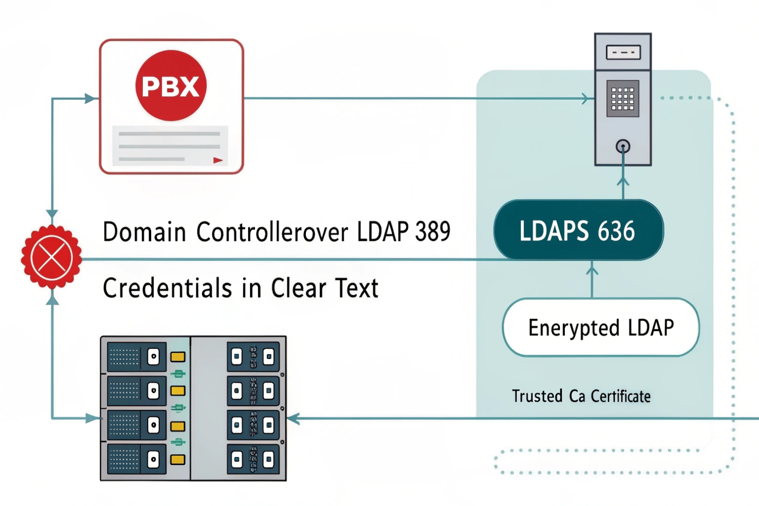 Security diagram comparing insecure LDAP 389 with clear-text credentials to secure LDAPS 636 encrypted LDAP between PBX, domain controller, and devices