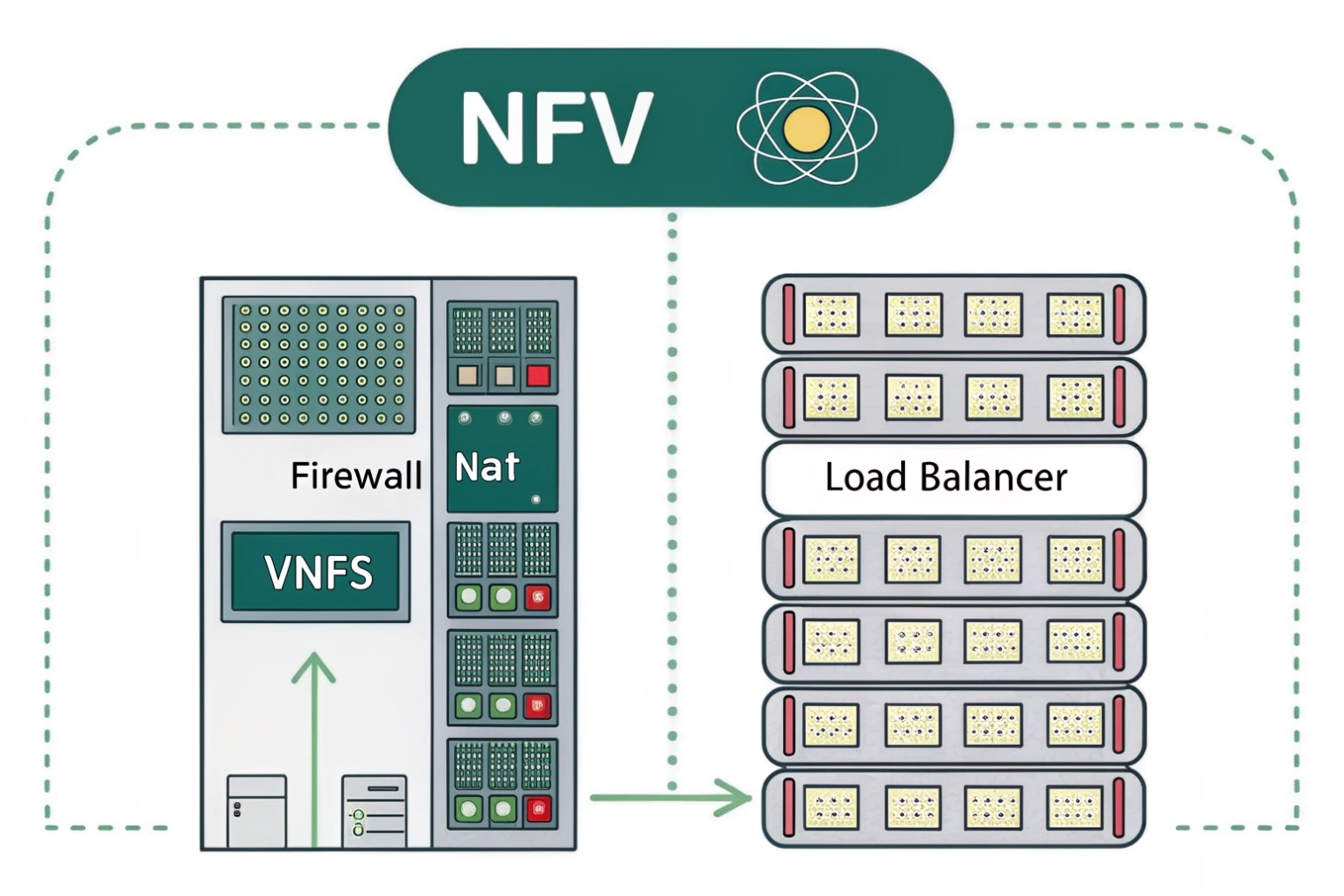 Network functions virtualization diagram with VNFs firewall NAT and load balancer servers