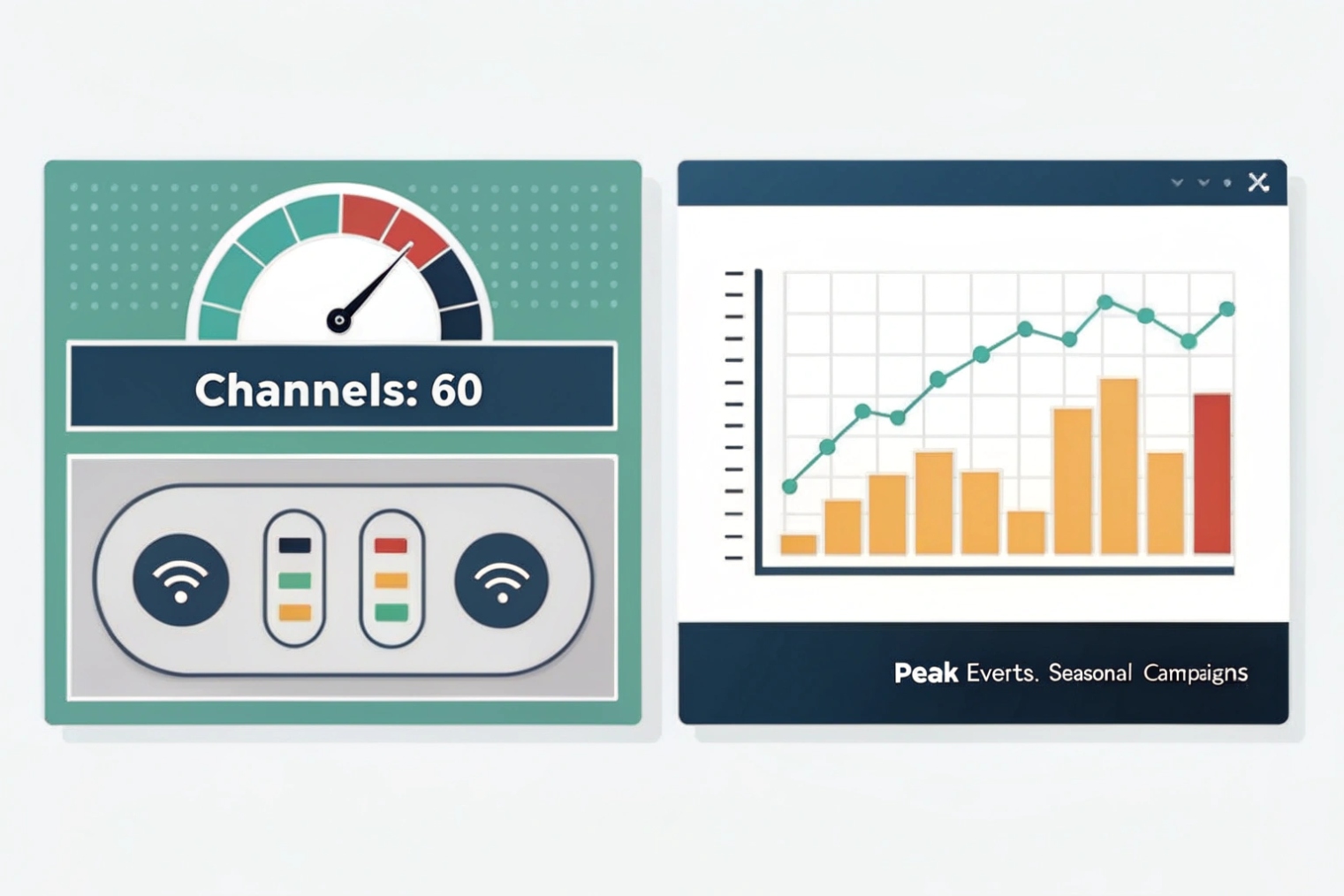 Analytics dashboard tiles showing a gauge reading 60 channels in use and a bar/line chart of traffic growth during peak events and seasonal campaigns