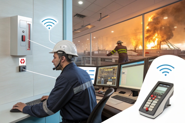 Control room operator monitoring emergency, remote station links and help point intercom