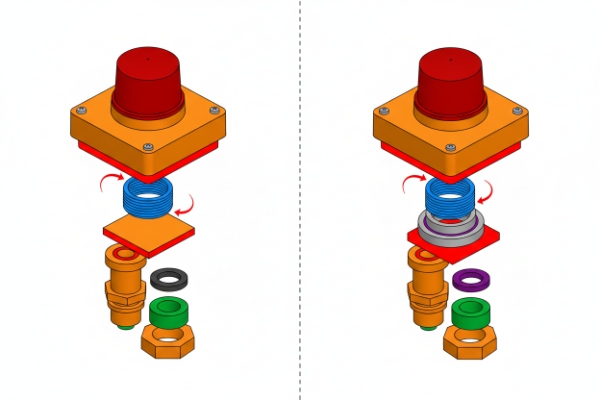 Exploded diagram of red beacon assembly with O-ring seals and locking nut