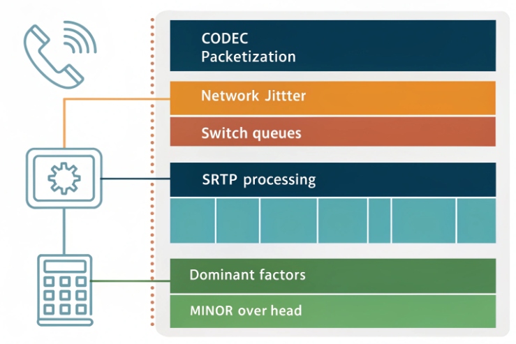 VoIP performance chart showing codec packetization, jitter, switch queues, and SRTP processing