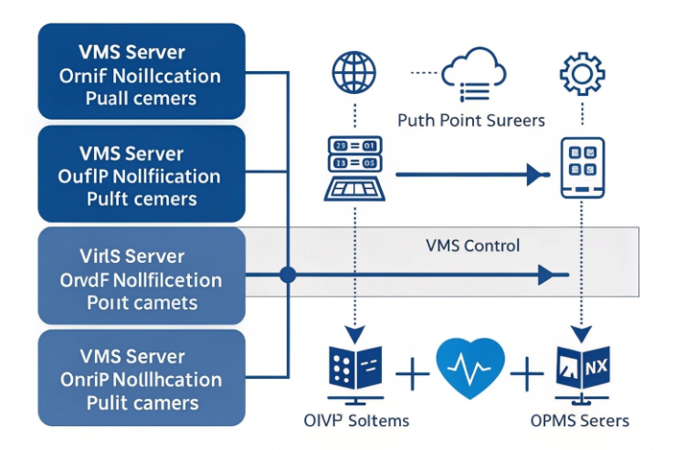 VMS server notification architecture linking ONVIF cameras, cloud services, and mobile clients.
