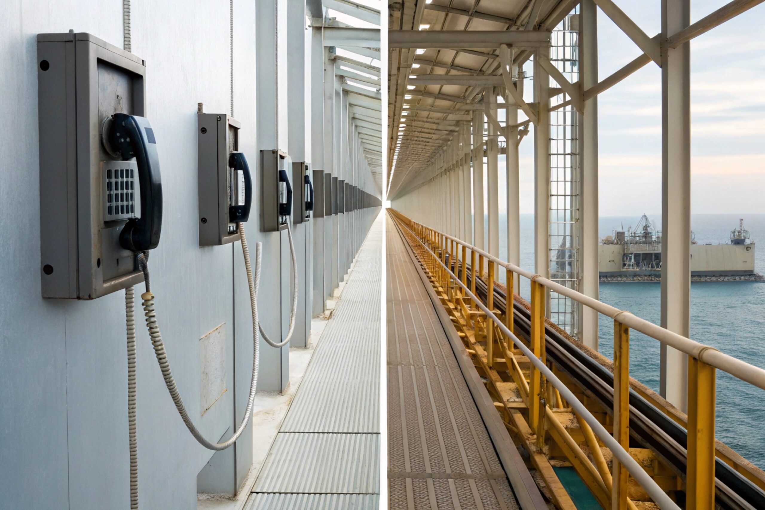 Offshore platform walkway with wall-mounted industrial telephones for safety and SOS calls