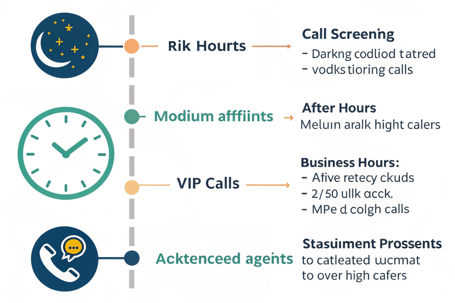 Timeline infographic of call screening policies across risk hours, normal business hours, VIP callers and attended agents, showing different handling rules by time of day and caller type