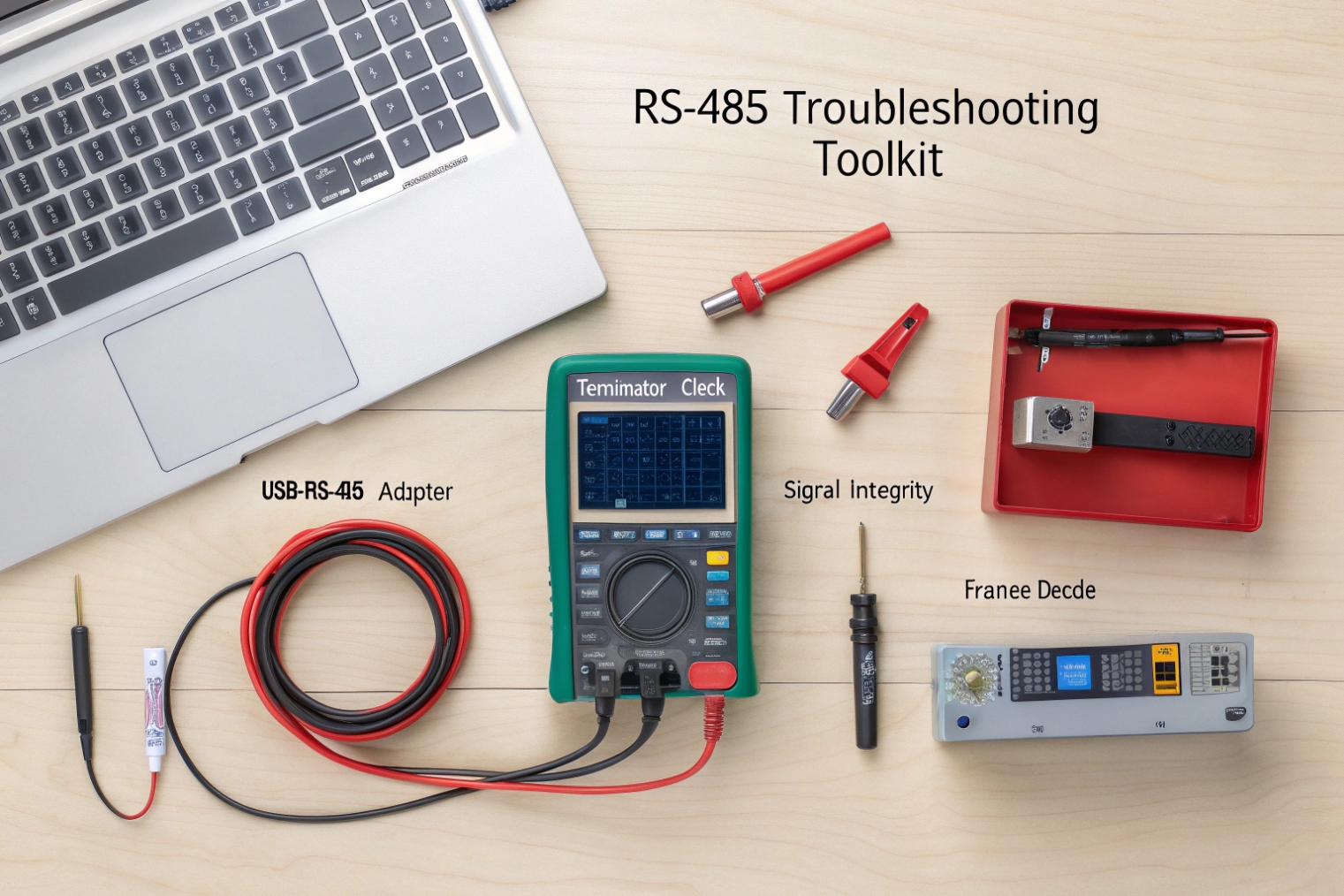 RS-485 troubleshooting toolkit with USB adapter multimeter probes and analyzer