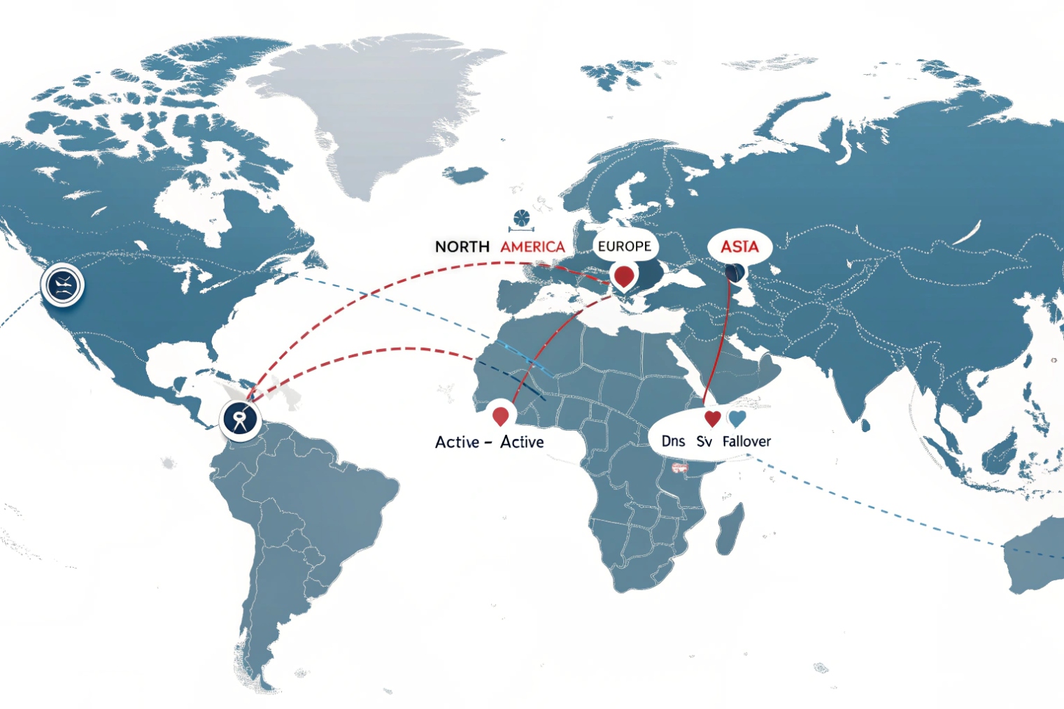 World map showing global SIP network routes with active active redundancy and DNS failover