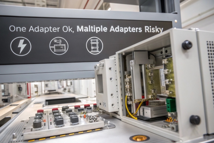 Industrial test bench with open control module and safety adapter warning sign