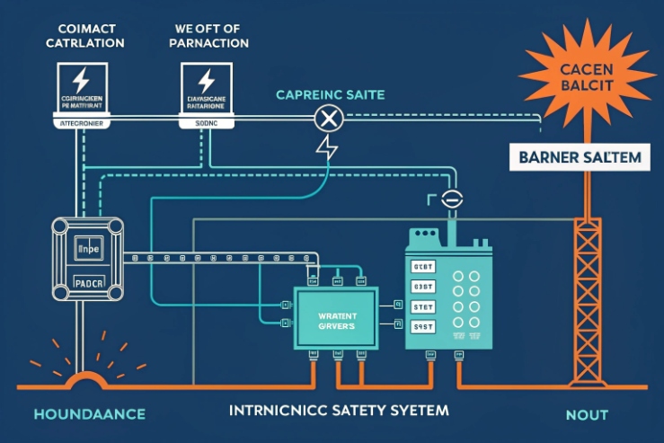 Intrinsic safety system wiring diagram with barriers and control modules for hazardous locations