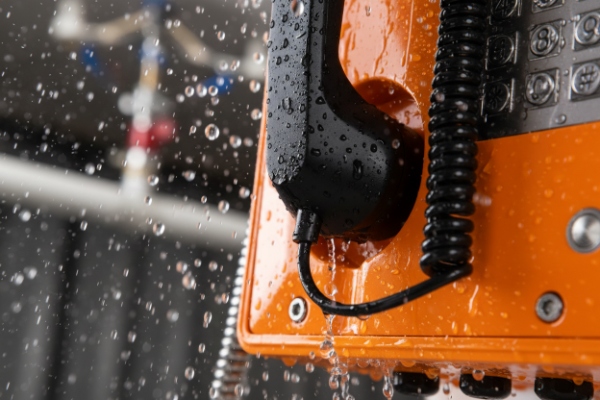 Close-up of waterproof handset and keypad with water droplets on orange SIP phone