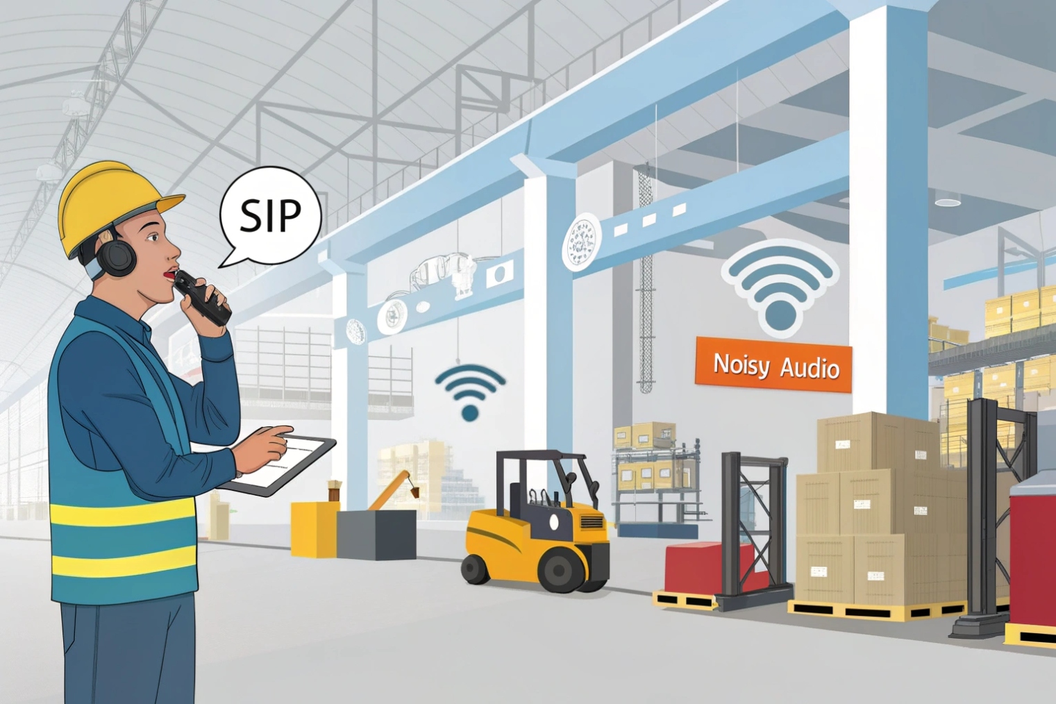 Worker in a noisy warehouse using a SIP handheld radio over Wi-Fi, with forklifts and equipment in the background and a ‘Noisy Audio’ label
