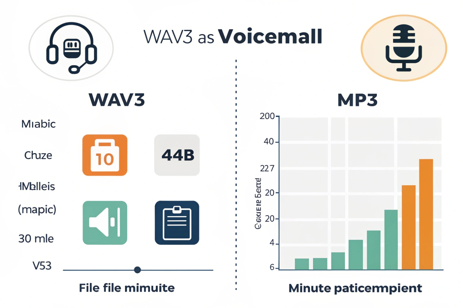 Infographic comparing WAV and MP3 as voicemail formats, showing WAV3 icons and labels on the left and an MP3 bar chart of storage usage per minute on the right