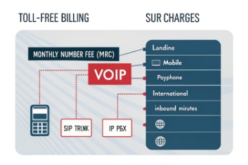 DJSlink VoIP toll-free billing chart showing MRC, SIP trunk, IP PBX and surcharges