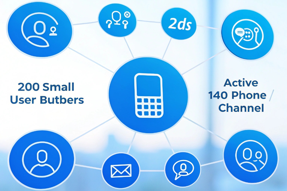 Blue circular infographics centered on a mobile phone icon, surrounded by person, chat, and email symbols, with captions “200 Small User Butbers” and “Active 140 Phone / Channel” suggesting many users and concurrent call capacity.