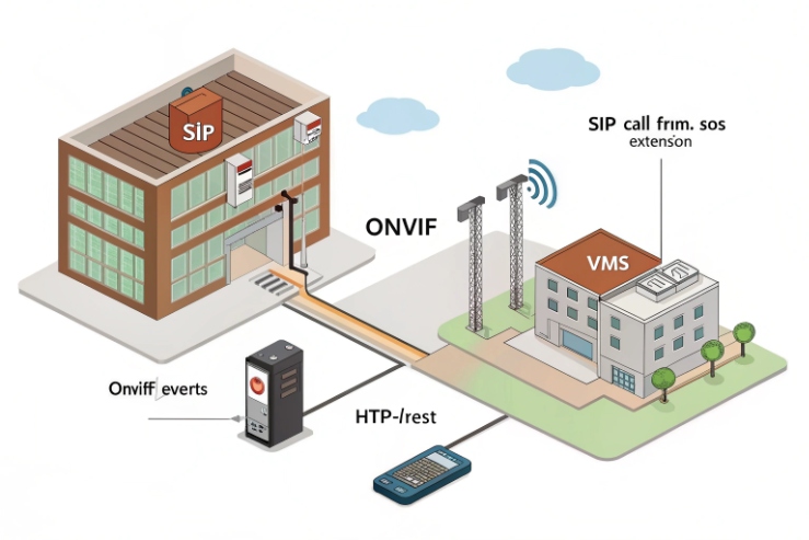 Architecture diagram showing a SIP site integrated with ONVIF and HTTP/REST toward a VMS, including SOS/SIP call flow