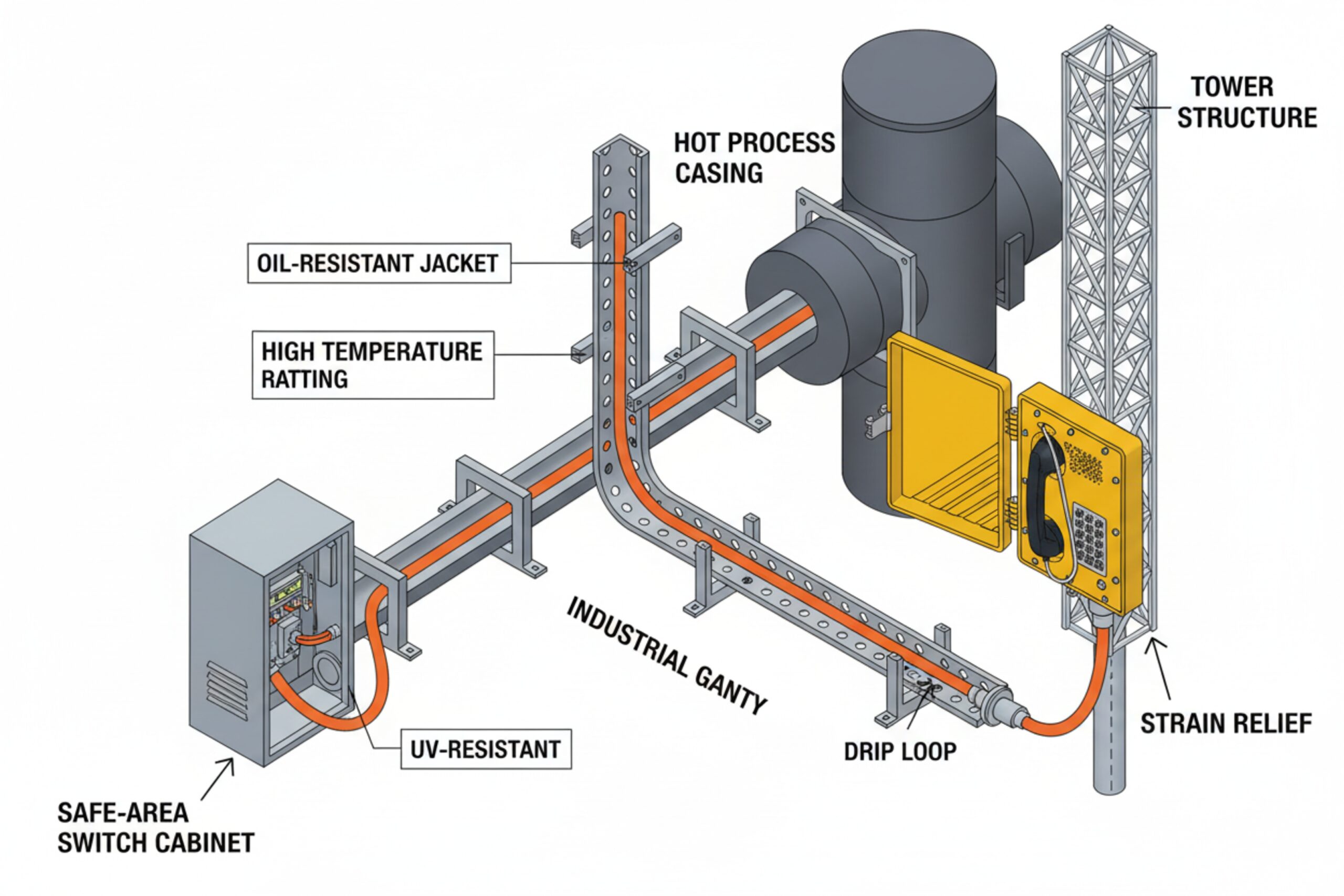 Explosion-proof phone cable installation showing drip loop, strain relief, and UV-resistant routing