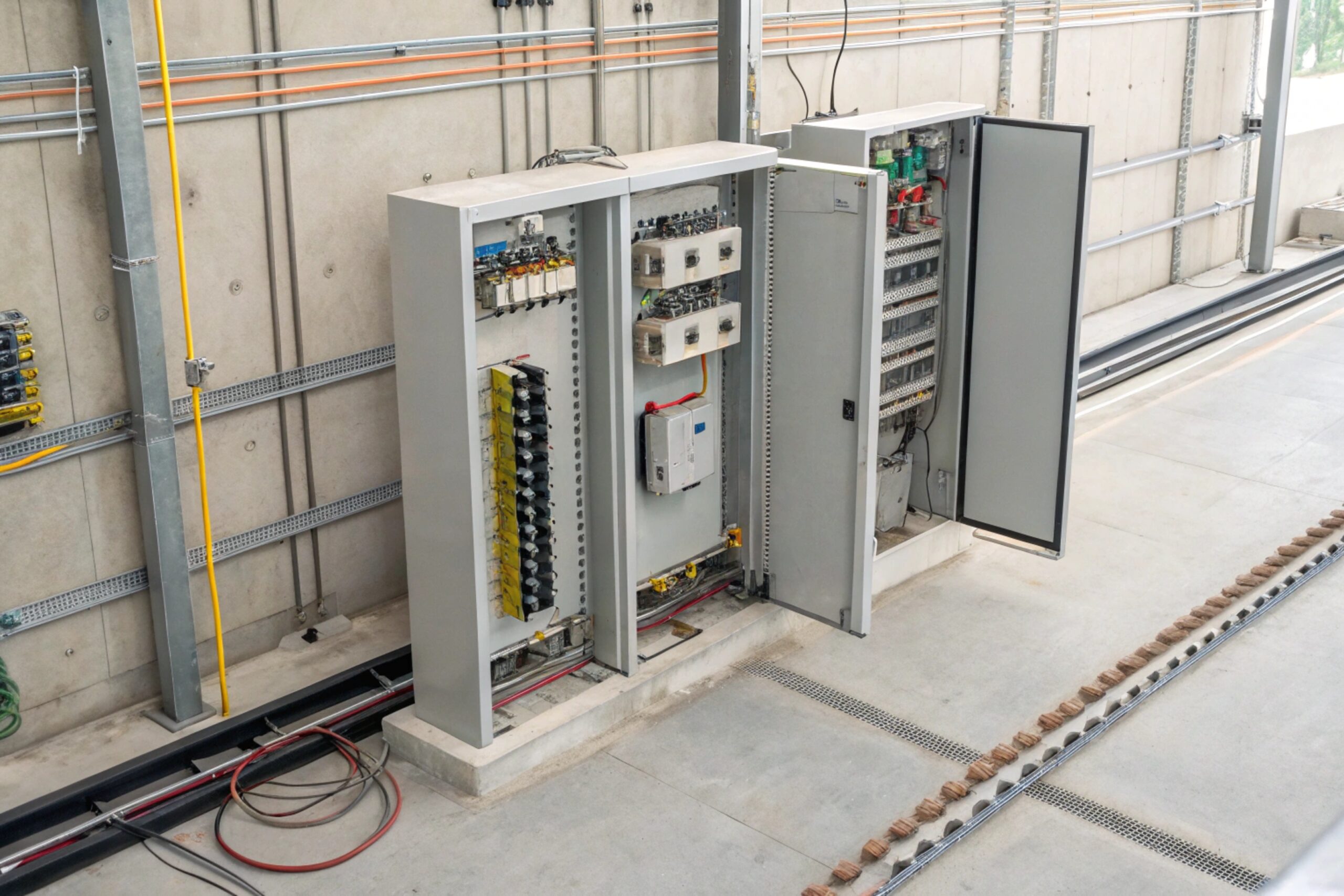 Row of open electrical control cabinets in an industrial corridor, showing wiring, relays, and power distribution components