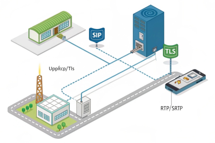 SIP over TLS and RTP SRTP diagram showing secure signaling and encrypted media