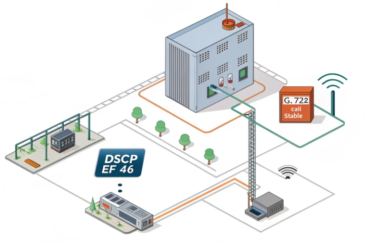 VoIP network diagram highlighting DSCP EF46 and stable G.722 call quality across sites