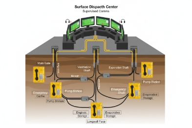 Underground mine dispatch diagram linking phones to surface control center via cables