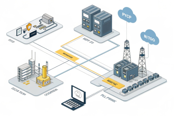 Unified communication network diagram linking sites, servers, and cloud PBX connectivity
