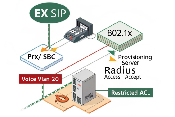 Network diagram for EX SIP phones using 802.1X + RADIUS, assigning Voice VLAN 20, and applying restricted ACLs via provisioning server/SBC