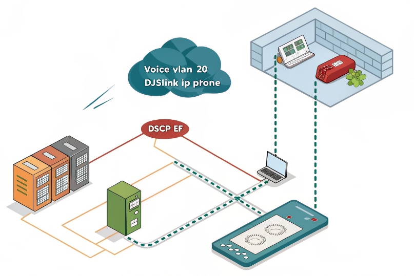 Network layout with a dedicated Voice VLAN 20 for DJSlink IP phones, DSCP EF QoS markings, switches, routers, and a VoIP test handset and laptop at a remote office