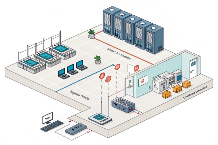 Industrial control system layout with intercom endpoints, gateways, and operator consoles.