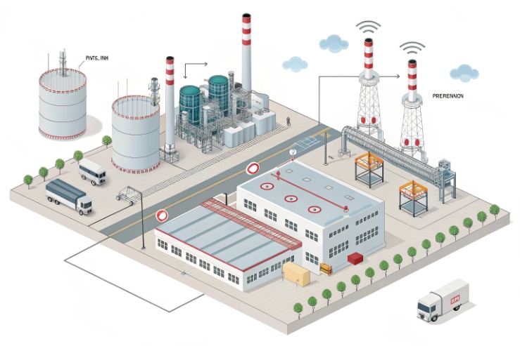 Isometric illustration of an industrial facility/refinery site layout representing the plant environment for communications and monitoring systems
